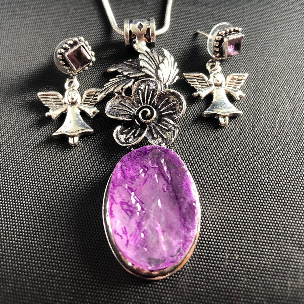 Rough Amethyst 925 Silver Plated Handmade Gemstone with angel earrings set.